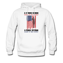 Load image into Gallery viewer, A Female Veteran Stands Up For Her Country Hoodie - white