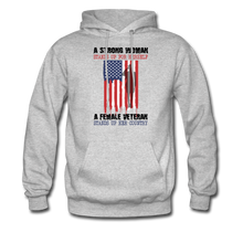 Load image into Gallery viewer, A Female Veteran Stands Up For Her Country Hoodie - heather gray