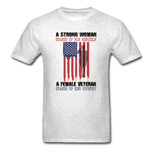 Load image into Gallery viewer, A Female Veteran Stands Up For Her Country T-Shirt - light heather gray
